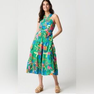 J. Crew Green Smocked Midi Dress | 100% Cotton | Farm Rio Vibes | Size 8